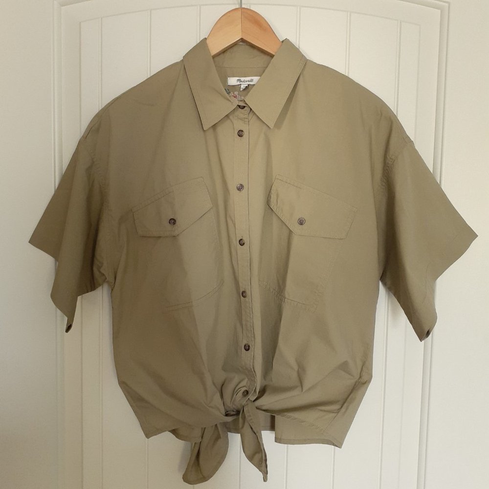 Madewell Tie Front Safari Shirt with Embroidery Khaki Tan Size L